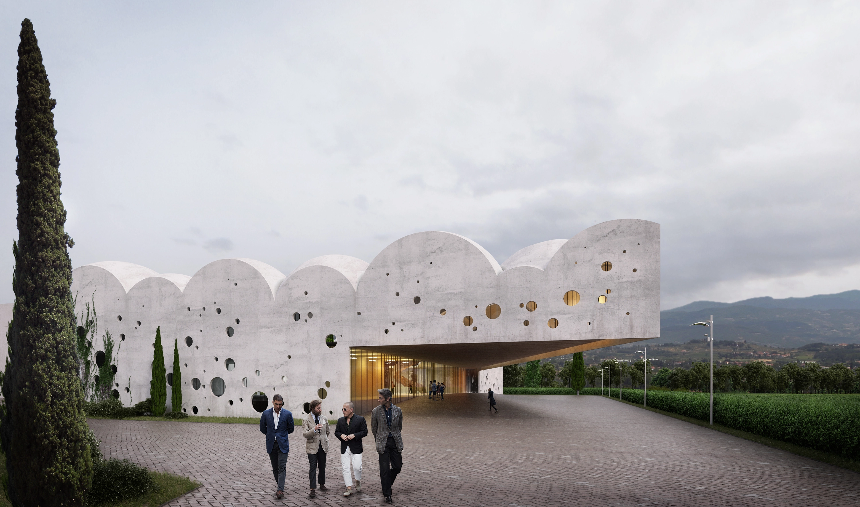 Wine culture centre set behind rows of grapevines.
